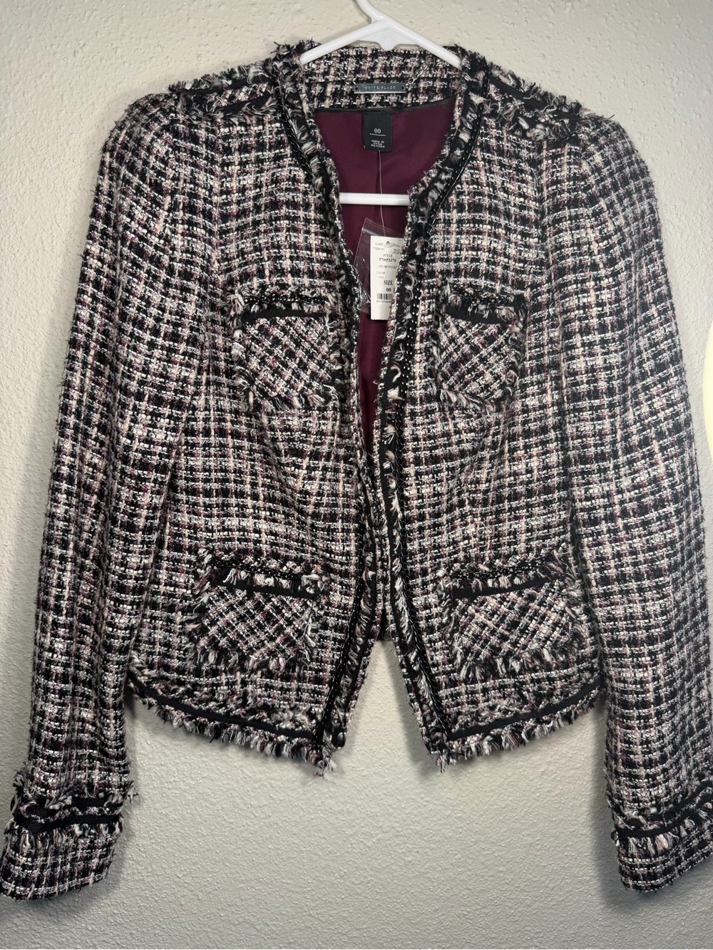 White House Black Market Black and Pink Tweed Fringe Jacket
